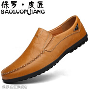保羅．皮匠休閑鞋2025秋季新款豆豆鞋皮鞋潮流男士牛皮休閑鞋透氣懶人男鞋 黃棕色 38
