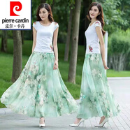 皮爾卡丹（pierre cardin）雪紡半身裙流行印花a字裙23夏季新款時(shí)尚優(yōu)雅顯瘦大擺百褶長(zhǎng)裙 綠百合【裙長(zhǎng)90cm】 2XL 140-160斤