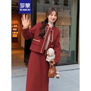 羅蒙（ROMON）紅色國風(fēng)新中式毛呢套裝連衣裙女2024春季新款氣質(zhì)短外套兩件裝 紅色 M 推薦 110-125斤