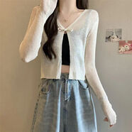 宙馨新中式國風(fēng)冰絲針織開(kāi)衫女夏季薄款披肩配吊帶裙防曬罩衫短款上衣 杏色 均碼 （75-120斤）