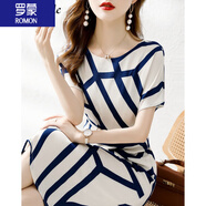 羅蒙（ROMON）女裝連衣裙2025夏季新品簡約時尚顯瘦休閑收腰花色印花中長款裙子 藍紋 M
