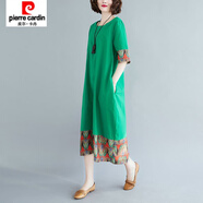 皮爾卡丹（pierre cardin）夏裝民族風(fēng)復(fù)古撞色拼接印花短袖連衣裙大碼寬松減齡中長裙女 305綠色 雙層領(lǐng)口有口袋 建議90-115斤 L