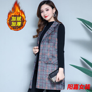 歌芬琳春裝加厚中老年女春秋冬裝馬甲中長款大碼媽媽裝毛呢外套馬夾背心 淺灰格加絨 加厚 3XL