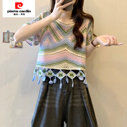 皮爾卡丹（pierre cardin）波西米亞風(fēng)刺繡鏤空設(shè)計(jì)感冰絲針織衫女夏民族風(fēng)流蘇鉤花短袖上衣 綠色 均碼 80-120斤