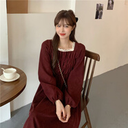 茉衣雅（MOYIYA）法式方領(lǐng)長袖連衣裙2025新款燈芯絨裙子女氣質(zhì)收腰顯瘦復(fù)古中長裙 紅 色 M 建議100-110