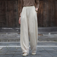 清河煙雨春秋夏季苧麻休閑闊腿褲女棉麻女裝高端寬松高腰顯瘦蘿卜褲長(cháng)褲 原麻色 均碼
