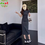 DXOT2025夏季新款修身收腰顯瘦灰色飛飛袖連衣裙設計感氣質(zhì)短袖長(cháng)裙女 深灰色 M 建議95-105斤