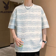 花花公子（PLAYBOY）冰絲短袖t恤男夏季撞色條紋半袖男休閑寬松上衣青少年港風體恤衫T 2545白灰 M 約90~105斤可穿