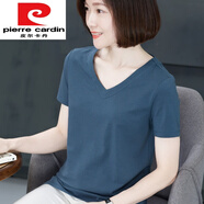 皮爾卡丹（pierre cardin）2024新款夏裝黑色雞心領短袖T恤女寬松v領上衣女白色半袖體恤 牛仔藍T850 色 M