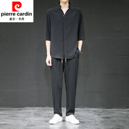 皮爾卡丹（pierre cardin）夏季冰絲亞麻套裝男中袖棉麻兩件套大碼寬松中袖T恤運動(dòng)裝針織 黑色 【上衣+褲子】 2XL (120斤-135斤)
