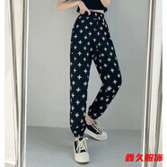 美安嘉冰絲黑白格子褲女小個(gè)子九分哈倫夏季顯瘦束腳薄款新款休閑衛褲子 星星抽繩束口款 XL 建議85-110斤