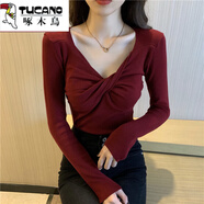 啄木鳥性感交叉v領針織打底衫女春秋2025新款洋氣內(nèi)搭修身顯瘦女士毛衣 酒紅色 S 70-90斤