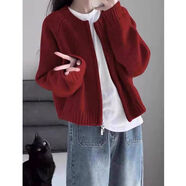 矜持范紅色新年元旦短款拉鏈外穿毛衣外套女秋冬季復古寬松針織開(kāi)衫加厚 紅色 常規 S 80-90斤