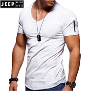 JEEP SPIRIT男士緊身短袖t恤歐美大V領(lǐng)修身低領(lǐng)打底衫男深v上衣半袖夏季潮流 白色 2XL 歐碼，尺碼偏大