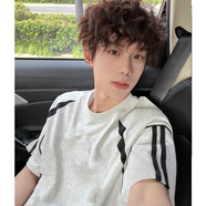 魯雅爾 美式復古條紋拼接短袖t恤男春夏季百搭寬松純棉重磅高級半袖上衣 白色 L 【建議100-120斤】