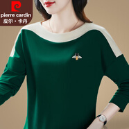 皮爾卡丹品牌長(cháng)袖t恤女冰絲2025新款春季寬松洋氣媽媽打底衫女士圓領(lǐng)上衣 墨綠 M 【建議重98斤內】
