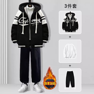 gxmy羊羔絨棉衣男冬季潮牌連帽棉服男士外套搭配衣服男裝棉襖三件套 Y019黑色+棉白T+加絨黑衛褲 3XL 【適合160-180斤】
