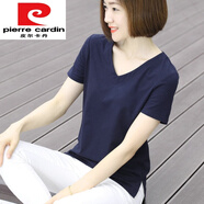 皮爾卡丹（pierre cardin）2024新款夏裝黑色雞心領短袖T恤女寬松v領上衣女白色半袖體恤 深藍T850 色 2XL