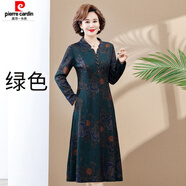 皮爾卡丹（pierre cardin）媽媽春裝連衣裙長(cháng)袖洋氣新款春秋裙子長(cháng)款過(guò)膝高貴大碼中老年女裝 822-綠色連衣裙 5XL 【建議170斤內】
