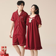 富信康結婚睡衣情侶新婚套裝春夏季大紅色睡裙純棉男女喜慶本命年家居服 GLQ-A6812 2XL -女【高165-175-重140-165】