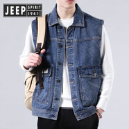 JEEP SPIRIT吉普高端牛仔馬甲男潮牌2025春秋新款帥氣無袖工裝馬甲坎肩背心外 藍色 M 建議100-115斤