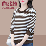 俞兆林條紋棉衛(wèi)衣女春秋2024新款中年裝秋季長袖短款圓領上衣 咖色 XL 【建議110-125斤】