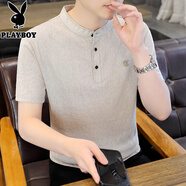花花公子（PLAYBOY）新中式國風(fēng)冰絲t恤男夏季仿棉麻短袖男純色半袖衣服男裝打底衫 米色 3XL （155-170斤）