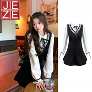 JEZE2025春季新款感打底連衣裙秋冬溫柔修身小個(gè)子學(xué)院風(fēng)女裝裙子 黑色連衣裙 (假兩件)【z】 M