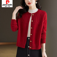 皮爾卡丹（pierre cardin）圓領針織開衫外套上衣女春秋新款寬松時尚可外穿針織衫外搭 紅色 3XL 建議141-155斤