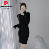 皮爾卡丹（pierre cardin）圓領(lǐng)針織連衣裙女修身內搭中長(cháng)款收腰包臀打底毛衣短裙子2025秋冬 黑色 S 80-100斤