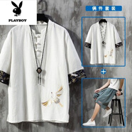 花花公子（PLAYBOY）刺繡亞麻短袖t恤男夏季薄款寬松潮牌大碼唐裝中國風(fēng)棉麻盤(pán)扣體恤 套裝(白色 仙鶴刺繡+墨綠色) 3XL