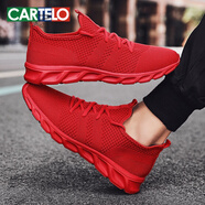 卡帝樂鱷魚（CARTELO）大紅色45 46 47碼鞋子男全紅色休閑運(yùn)動(dòng)鞋本命年網(wǎng)面潮鞋 紅色 43