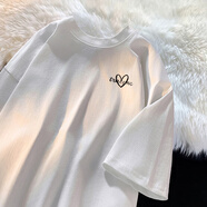 普達馳100%純棉短袖t恤男女學(xué)生夏季新款潮牌上衣ins港風(fēng)寬松百搭情侶裝 白色_胸前小愛(ài)心 M