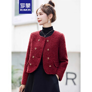羅蒙紅色小香風(fēng)毛呢外套女2023秋冬新款法式氣質(zhì)名媛百搭粗花呢子上衣 紅色 M 推薦 95-105斤
