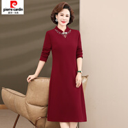 皮爾卡丹（pierre cardin）結(jié)婚禮服媽媽喜服春款旗袍春裝新款喜婆婆婚宴春秋冬連衣裙 2387【酒紅色加絨】 4XL 【建議140-155斤左右】