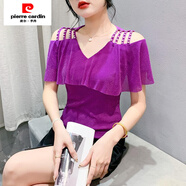 皮爾卡丹（pierre cardin）夏季百搭v領(lǐng)顯瘦氣質(zhì)荷葉邊露肩上衣時(shí)尚V領(lǐng)網(wǎng)紗釘珠短袖T恤女潮 紫色 XL 建議115-130斤