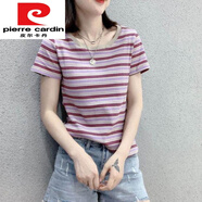 皮爾卡丹（pierre cardin）歐洲站2024夏季新款彩色條紋圓領(lǐng)短袖T恤女韓版拼色寬松針織上衣 紫色 XL