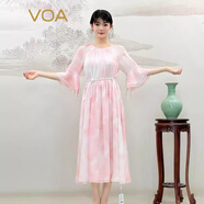 VOA雙層喬其純桑蠶絲圓領(lǐng)七分袖寬松腰甜美風(fēng)飄逸真絲連衣裙 AE2138 水彩-馨粉（E13） XL