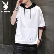 花花公子（PLAYBOY）夏季潮牌短袖t恤男連帽五分袖寬松潮流牌半袖衫純棉T恤男士上衣服 白色 L