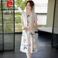 皮爾卡丹（pierre cardin）雪紡短袖連衣裙媽媽夏季套裝高級感新中式外套中年女夏裝裙子潮流 水墨杏花 XL 【90-110斤】