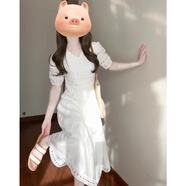 青木姿法式復古感甜美文藝風設計感小眾白色連衣裙子女夏季顯瘦長裙 白色連衣裙 S
