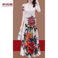 俞兆林真絲連衣裙女中長款春秋新款大碼寬松遮肚子桑蠶絲媽媽裝裙子 白色大花707 4XL