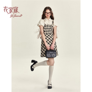 衣家寐溫莎學(xué)姐格紋假兩件連衣裙娃娃領(lǐng)背帶裙設(shè)計感泡泡袖裙子 米黑格紋 現(xiàn)貨 S