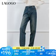 lagogo老爹褲復古高腰牛仔褲女拉谷谷2024年冬季新款加絨直筒長褲 深牛仔藍 M