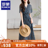 羅蒙（ROMON）連衣裙2025夏裝新款V領(lǐng)鏤空后背小心機碎花長(cháng)裙通勤氣質(zhì)優(yōu)雅雪紡 藍色 L  102-114斤
