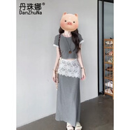 丹珠娜（DanZhuNa）小香風(fēng)連衣裙子女夏季2025新款法式氣質(zhì)蕾絲拼接長(zhǎng)裙子兩件套裝女 上衣+拼接蕾絲裙子 S