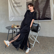 日本代購赫本風(fēng)黑色網(wǎng)紗拼接連衣裙女夏2025新款高級感顯瘦t恤裙 黑色 XS (85斤-95斤)