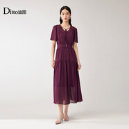 Ditto/迪圖2025秋季新款優(yōu)雅蕾絲輕薄系帶荷葉袖氣質(zhì)拼接連衣裙女 梅子色 S
