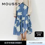 moussy新款甜美花朵印花壓褶荷葉邊半身裙010EA230-7530 110藍(lán)色 S 00001