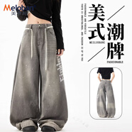 美羅邦（Meloban）美式復古潑墨水洗灰色闊腿牛仔褲男女春秋季做舊寬松休閑彎刀褲子 灰色【高質(zhì)量】 2XL 建議【135-150】斤